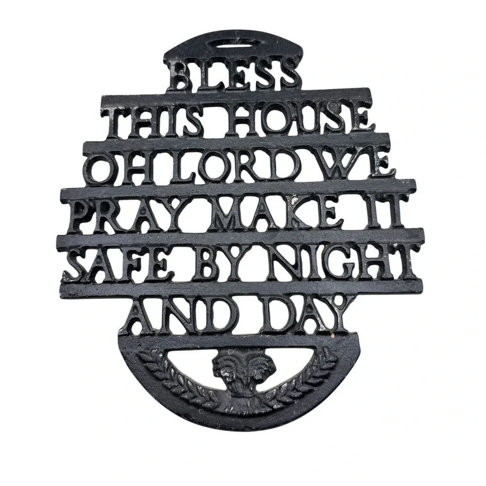 Vintage Black Cast Iron Bless This House Wall Plaque Religious Home Decor 7.5in